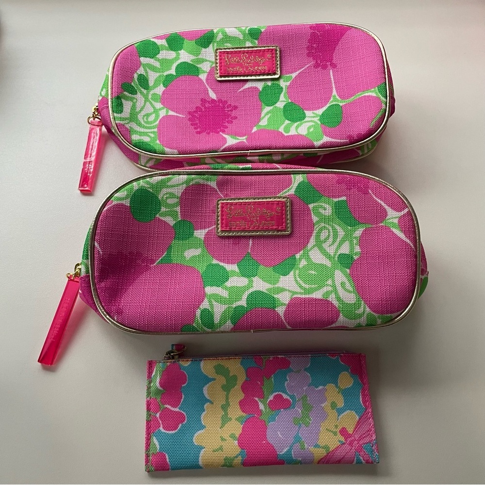Lilly Pulitzer Estée Lauder Travel Cosmetic Bag Set Floral Pink and Green